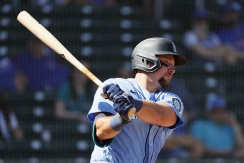 MESA, ARIZONA – MARCH 03: Cal Raleigh #29 of the Seattle Mariners at bat against the Chicago Cubs in the second inning on March 03, 2021 at Sloan Park in Mesa, Arizona. (Photo by Steph Chambers/Getty Images)