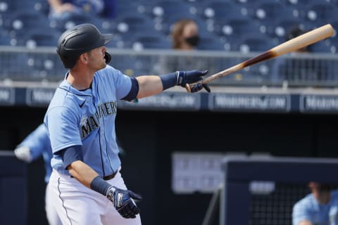 PEORIA, ARIZONA – MARCH 04: Mitch Haniger #17 of the Seattle Mariners hits a home run (France, Seager). (Photo by Steph Chambers/Getty Images)