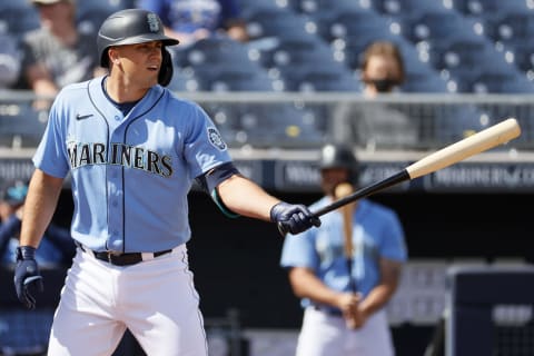 PEORIA, ARIZONA – MARCH 04: Evan White #12 of the Seattle Mariners bats. (Jake Fraley) (Photo by Steph Chambers/Getty Images)