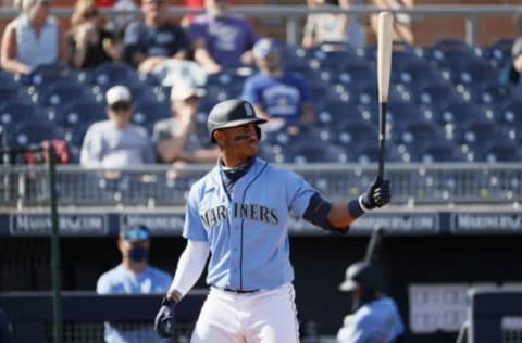 PEORIA, ARIZONA – MARCH 04: Julio Rodriguez of the Mariners at bat against the Rockies during an MLB spring training game. (Photo by Steph Chambers/Getty Images)