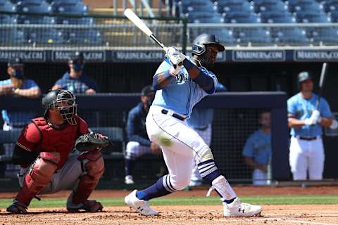 PEORIA, ARIZONA – MARCH 15: Taylor Trammell of the Seattle Mariners watches his double (Taylor Trammell fantasy). (Photo by Abbie Parr/Getty Images)