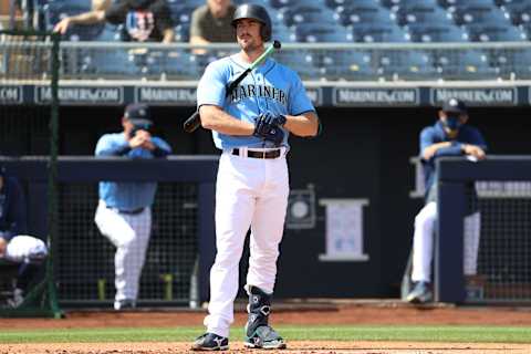 PEORIA, ARIZONA – MARCH 15: Tom Murphy of the Seattle Mariners reacts (fantasy baseball). (Photo by Abbie Parr/Getty Images)