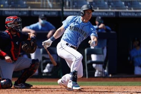 PEORIA, ARIZONA – MARCH 02: Jarred Kelenic #10 of the Seattle Mariners bats. He will start the season with the Tacoma Rainiers. (Photo by Christian Petersen/Getty Images)