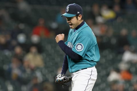 SEATTLE, WASHINGTON – APRIL 02: Yusei Kikuchi of the Mariners reacts after his strike out against the Giants. (Photo by Steph Chambers/Getty Images)