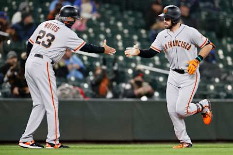 SEATTLE, WASHINGTON – APRIL 02: Evan Longoria of the Giants reacts after his two-run home run against the Mariners. (Photo by Steph Chambers/Getty Images)