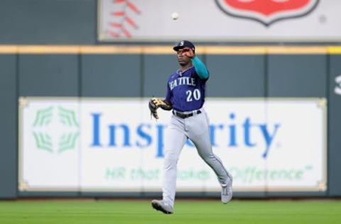 HOUSTON, TEXAS – APRIL 27: Taylor Trammell #20 of the Seattle Mariners fields a single to center field. He is currently with the Tacoma Rainiers. (Photo by Carmen Mandato/Getty Images)