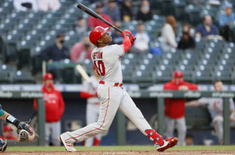 SEATTLE, WASHINGTON – APRIL 30: Justin Upton #10 of the Los Angeles Angels in action against the Seattle Mariners at T-Mobile Park on April 30, 2021 in Seattle, Washington. (Photo by Steph Chambers/Getty Images)