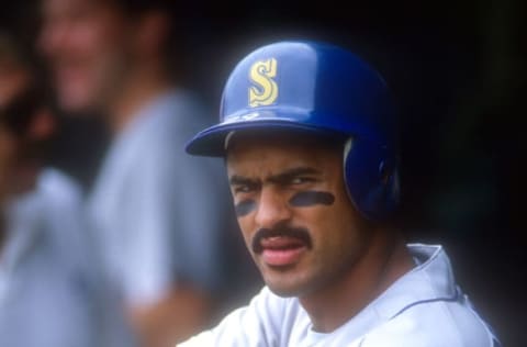 BALTIMORE, MD – MAY 31: Phil Bradley #29 of the Seattle Mariners looks on during a baseball game against the Baltimore Orioles on May 31, 1987 at Memorial Stadium in Baltimore, Maryland. (Photo by Mitchell Layton/Getty Images)