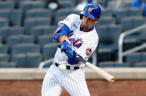 NEW YORK, NEW YORK – MAY 11: (NEW YORK DAILIES OUT) Jeff McNeil #6 of the New York Mets connects on a first inning single against the Baltimore Orioles at Citi Field on May 11, 2021 in New York City. The Mets defeated the Orioles 3-2. (Photo by Jim McIsaac/Getty Images)