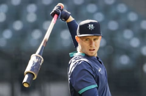 SEATTLE, WASHINGTON – MAY 18: Jarred Kelenic #10 of the Seattle Mariners warms up before the game against the Detroit Tigers. (Photo by Steph Chambers/Getty Images)