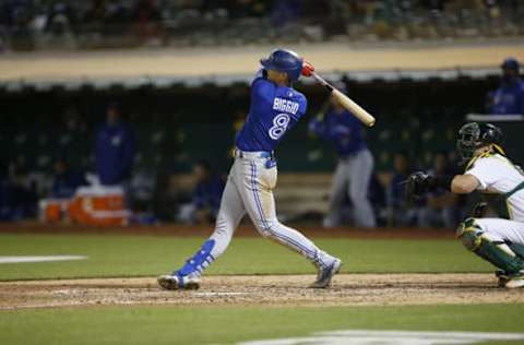 OAKLAND, CA – MAY 4: Cavan Biggio #8 of the Toronto Blue Jays bats during the game against the Oakland Athletics at RingCentral Coliseum on May 4, 2021 in Oakland, California. The Athletics defeated the Blue Jays 4-1. (Photo by Michael Zagaris/Oakland Athletics/Getty Images)