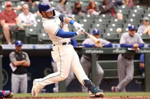 SEATTLE, WASHINGTON – MAY 30: Ty France #23 of the Seattle Mariners hits an RBI double to take a 1-0 lead against the Texas Rangers. (Photo by Abbie Parr/Getty Images)