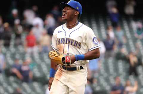 SEATTLE, WASHINGTON – MAY 30: Kyle Lewis #1 of the Seattle Mariners celebrates after defeating the Texas Rangers 4-2 at T-Mobile Park on May 30, 2021 in Seattle, Washington. (Photo by Abbie Parr/Getty Images)