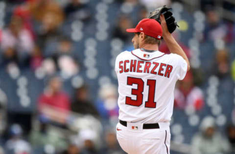 WASHINGTON, DC – MAY 30: Max Scherzer #31 of the Washington Nationals pitches against the Milwaukee Brewers at Nationals Park on May 30, 2021 in Washington, DC. (Photo by Will Newton/Getty Images)