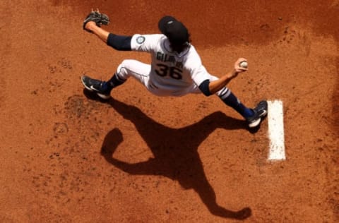 SEATTLE, WASHINGTON – MAY 31: Logan Gilbert #36 of the Seattle Mariners warms up before the game. (Photo by Abbie Parr/Getty Images)