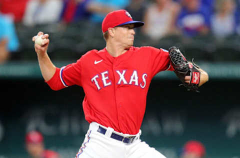 ARLINGTON, TEXAS – JUNE 04: Kyle Gibson #44 of the Texas Rangers pitches against the Tampa Bay Rays at Globe Life Field on June 04, 2021 in Arlington, Texas. (Photo by Richard Rodriguez/Getty Images)