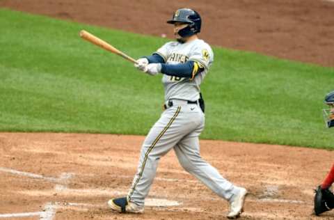 WASHINGTON, DC – MAY 29: Keston Hiura #18 of the Milwaukee Brewers takes a swing during game one of a doubleheader baseball game against the Washington Nationals at Nationals Park on May 29, 2021 in Washington, DC. (Photo by Mitchell Layton/Getty Images)