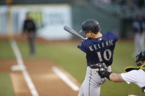 OAKLAND, CA – MAY 24: Jarred Kelenic #10 of the Seattle Mariners hits a home run during the game against the Oakland Athletics. (Photo by Michael Zagaris/Oakland Athletics/Getty Images)