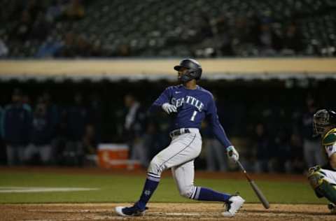 OAKLAND, CA – MAY 25: Kyle Lewis #1 of the Seattle Mariners bats during the game against the Oakland Athletics at RingCentral Coliseum on May 25, 2021 in Oakland, California. The Mariners defeated the Athletics 4-3. (Photo by Michael Zagaris/Oakland Athletics/Getty Images)