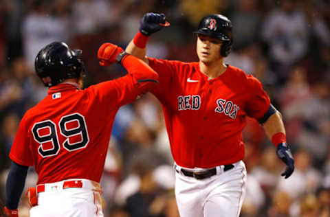 BOSTON, MASSACHUSETTS – JUNE 11: Bobby Dalbec #29 of the Boston Red Sox celebrates with Alex Verdugo #99 of the Boston Red Sox after hitting a solo home run in the bottom of the third inning of the game against the Toronto Blue Jays at Fenway Park on June 11, 2021 in Boston, Massachusetts. (Photo by Omar Rawlings/Getty Images)