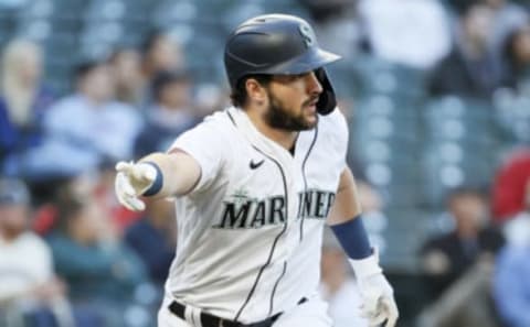 Mariners Luis Torrens reacts after his single against the Minnesota Twins. (Photo by Steph Chambers/Getty Images)