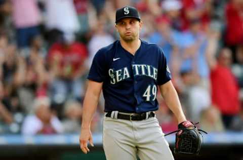 CLEVELAND, OHIO – JUNE 12: Kendall Graveman #49 of the Seattle Mariners reacts during a game between the Cleveland Indians and Seattle Mariners. (Photo by Emilee Chinn/Getty Images)