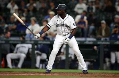 SEATTLE – JUNE 17: Taylor Trammell #20 of the Seattle Mariners bats during the game against the Tampa Bay Rays at T-Mobile Park on June 17, 2021 in Seattle, Washington. The Mariners defeated the Rays 6-5. (Photo by Rob Leiter/MLB Photos via Getty Images)