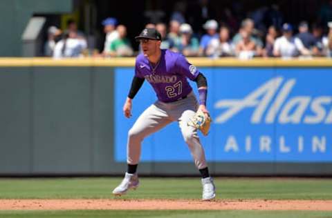 SEATTLE, WASHINGTON – JUNE 23: Trevor Story #27 of the Colorado Rockies reacts to the swing of the bat during the game against the Seattle Mariners at T-Mobile Park on June 23, 2021 in Seattle, Washington. The Colorado Rockies beat the Seattle Mariners 5-2. (Photo by Alika Jenner/Getty Images)