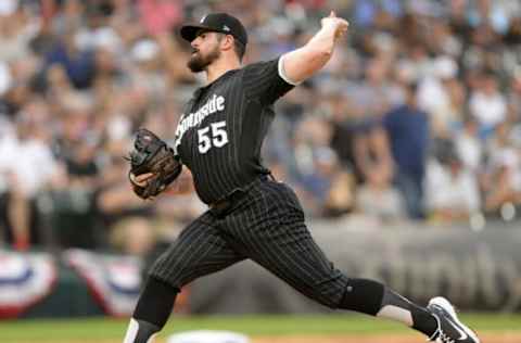 CHICAGO – JUNE 26: Carlos Rodon #55 of the Chicago White Sox pitches against the Seattle Mariners on June 25, 2021 at Guaranteed Rate Field in Chicago, Illinois. The White Sox wore their Nike City Connect jerseys on this night. (Photo by Ron Vesely/Getty Images)