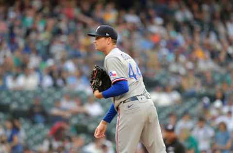 SEATTLE, WASHINGTON – JULY 02: Kyle Gibson #44 of the Texas Rangers stands on the mound during the game against the Seattle Mariners. (Photo by Alika Jenner/Getty Images)