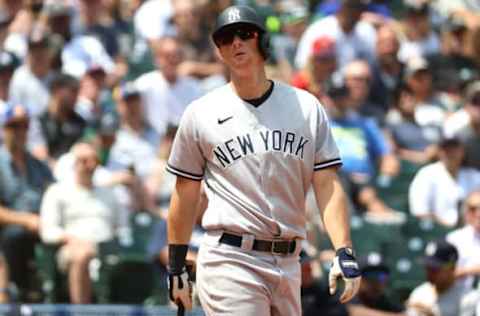 SEATTLE, WASHINGTON – JULY 08: DJ LeMahieu #26 of the New York Yankees reacts while at bat during the third inning against the Seattle Mariners. (Photo by Abbie Parr/Getty Images)