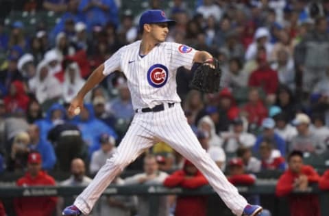 CHICAGO, ILLINOIS – JULY 10: Zach Davies #27 of the Chicago Cubs throws a pitch during the first inning of a game against the St. Louis Cardinals at Wrigley Field on July 10, 2021 in Chicago, Illinois. (Photo by Nuccio DiNuzzo/Getty Images)