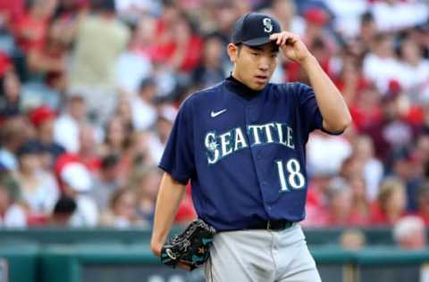 ANAHEIM, CALIFORNIA – JULY 17: Yusei Kikuchi #18 of the Seattle Mariners looks on from the mound. (Photo by Katelyn Mulcahy/Getty Images)