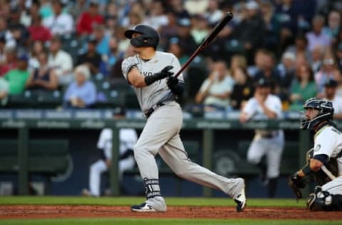 SEATTLE – JULY 7: Gio Urshela #29 of the New York Yankees bats during the game against the Seattle Mariners at T-Mobile Park on July 7, 2021 in Seattle, Washington. The Yankees defeated the Mariners 5-4. (Photo by Rob Leiter/MLB Photos via Getty Images)