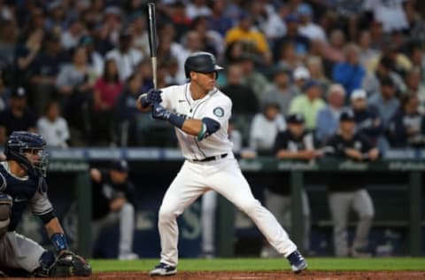 SEATTLE – JULY 7: Dylan Moore #25 of the Seattle Mariners bats during the game against the New York Yankees at T-Mobile Park on July 7, 2021 in Seattle, Washington. The Yankees defeated the Mariners 5-4. (Photo by Rob Leiter/MLB Photos via Getty Images)