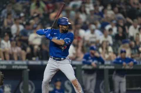 SEATTLE, WASHINGTON – AUGUST 13: Marcus Semien #10 of the Toronto Blue Jays waits for a pitch during an at-bat in a game against the Seattle Mariners at T-Mobile Park on August 13, 2021 in Seattle, Washington. The Mariners won 3-2. (Photo by Stephen Brashear/Getty Images)