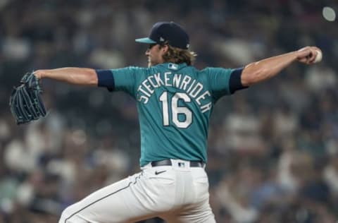 SEATTLE, WASHINGTON – AUGUST 13: Reliever Drew Steckenrider #16 of the Seattle Mariners delivers a pitch during a game against the Toronto Blue Jays at T-Mobile Park on August 13, 2021 in Seattle, Washington. The Mariners won 3-2. (Photo by Stephen Brashear/Getty Images)