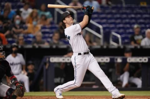 MIAMI, FLORIDA – AUGUST 26: Brian Anderson #15 of the Miami Marlins bats against the Washington Nationals at loanDepot park on August 26, 2021 in Miami, Florida. (Photo by Mark Brown/Getty Images)