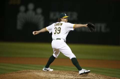 OAKLAND, CA – AUGUST 23: Andrew Chafin #39 of the Oakland Athletics pitches during the game against the Seattle Mariners at RingCentral Coliseum on August 23, 2021 in Oakland, California. The Mariners defeated the Athletics 5-3. (Photo by Michael Zagaris/Oakland Athletics/Getty Images)