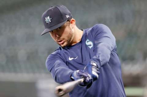 SEATTLE, WASHINGTON – SEPTEMBER 10: Kevin Padlo #30 of the Seattle Mariners warms up before the game against the Arizona Diamondbacks at T-Mobile Park on September 10, 2021 in Seattle, Washington. (Photo by Steph Chambers/Getty Images)