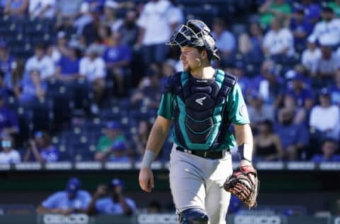 KANSAS CITY, MO – SEPTEMBER 19: Cal Raleigh #29 of the Seattle Mariners in action in the eighth inning against the Kansas City Royals at Kauffman Stadium on September 19, 2021 in Kansas City, Missouri. (Photo by Ed Zurga/Getty Images)