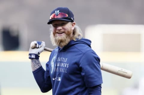 SEATTLE, WASHINGTON – OCTOBER 01: Jake Fraley #28 of the Seattle Mariners looks on before the game against the Los Angeles Angels at T-Mobile Park on October 01, 2021 in Seattle, Washington. (Photo by Steph Chambers/Getty Images)