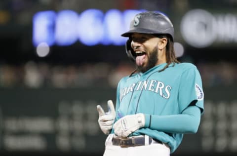 SEATTLE, WASHINGTON – OCTOBER 01: J.P. Crawford #3 of the Seattle Mariners reacts after his single during the third inning against the Los Angeles Angels at T-Mobile Park on October 01, 2021 in Seattle, Washington. (Photo by Steph Chambers/Getty Images)