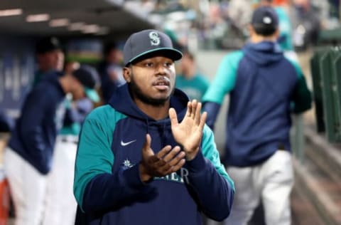 SEATTLE, WASHINGTON – OCTOBER 01: Kyle Lewis #1 of the Seattle Mariners looks on before the game against the Los Angeles Angels at T-Mobile Park on October 01, 2021 in Seattle, Washington. (Photo by Steph Chambers/Getty Images)