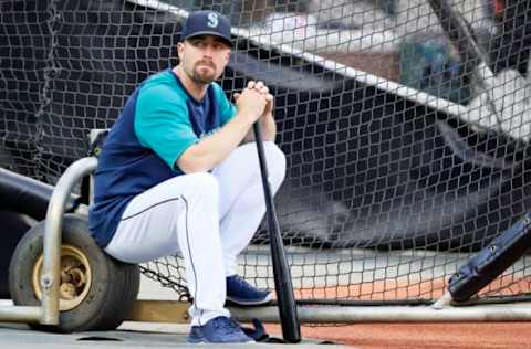 SEATTLE, WASHINGTON – OCTOBER 02: Tom Murphy #2 of the Seattle Mariners looks on before the game against the Los Angeles Angels at T-Mobile Park on October 02, 2021 in Seattle, Washington. (Photo by Steph Chambers/Getty Images)