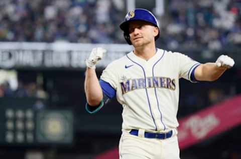 SEATTLE, WASHINGTON – OCTOBER 03: Kyle Seager #15 of the Seattle Mariners reacts after flying out during the third inning against the Los Angeles Angels at T-Mobile Park on October 03, 2021 in Seattle, Washington. (Photo by Steph Chambers/Getty Images)