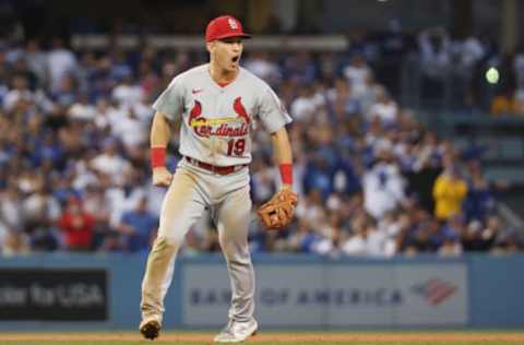 LOS ANGELES, CALIFORNIA – OCTOBER 06: Tommy Edman #19 reacts after throwing to complete a double play ending the third inning against the Los Angeles Dodgers during the National League Wild Card Game at Dodger Stadium on October 06, 2021 in Los Angeles, California. (Photo by Harry How/Getty Images)