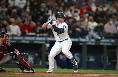 SEATTLE – SEPTEMBER 14: Ty France #23 of the Seattle Mariners bats during the game against the Boston Red Sox at T-Mobile Park on September 14, 2021 in Seattle, Washington. The Red Sox defeated the Mariners 8-4. (Photo by Rob Leiter/MLB Photos via Getty Images)