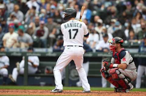 SEATTLE – SEPTEMBER 15: Mitch Haniger #17 of the Seattle Mariners bats during the game against the Boston Red Sox at T-Mobile Park on September 15, 2021 in Seattle, Washington. The Red Sox defeated the Mariners 9-4. (Photo by Rob Leiter/MLB Photos via Getty Images)