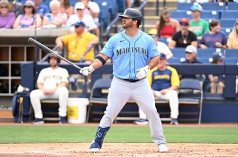 PHOENIX, ARIZONA – MARCH 26: Mike Ford #70 of the Seattle Mariners gets ready in the batters box against the Milwaukee Brewers during a spring training game at American Family Fields of Phoenix on March 26, 2022 in Phoenix, Arizona. (Photo by Norm Hall/Getty Images)